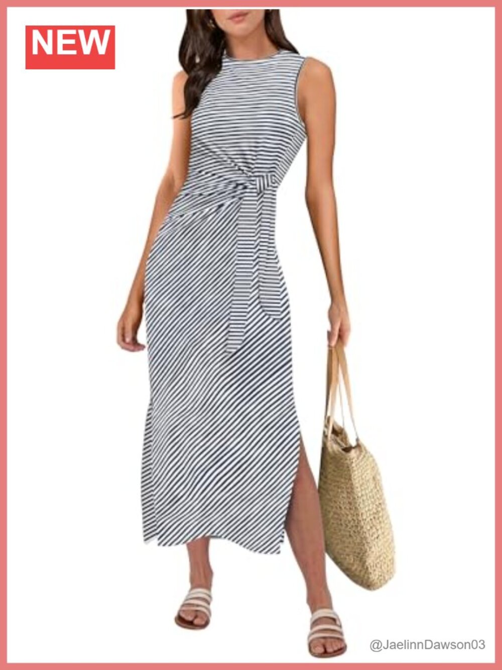 Sleeveless Midi Dress with Tie Waist and Split, Crew Neck Tank Dress, Summer